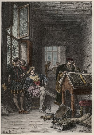 Kungen av Frankrike Francois I (1494-1547), beskyddare av konster och bokstäver, besöker boktryckarna Estiennes (Robert Estiennes) verkstäder, cirka 1540 (Kungen av Frankrike Francis I besöker de kungliga typograferna Estiennes verkstäder av Anonymous Anonymous