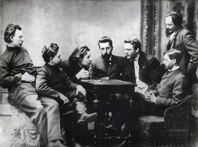 The Moscow Literary Sreda - Medlemmar av Sreda litterära krets, bildad under andra hälften av 1890-talet av ryska realistiska författare - Porträtt av ryska intellektuella från den litterära gruppen Znanie: från vänster till höger, Andrei Skitalets (Stepha av Anonymous Anonymous