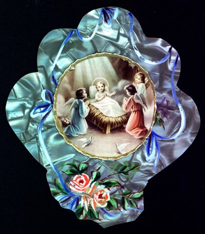 Nativiten. Barnet Jesus omger änglar Fromma bild. Dentelee vykort. Privat samling av Anonymous Anonymous