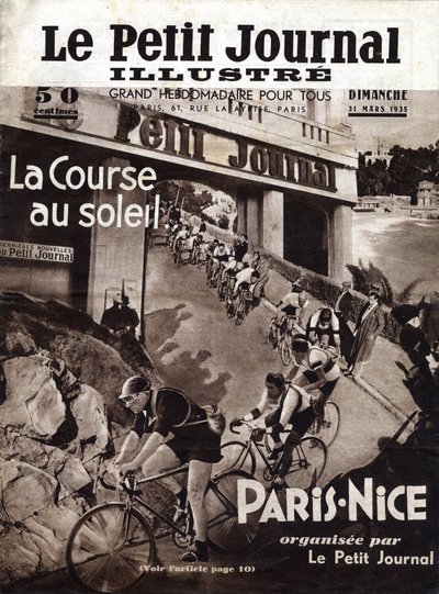 Cykelloppet Paris Nice arrangerat av den lilla tidningen. Omslag till "" The Little Illustrious Journal"" av 31/03/1935. Privat samling av Anonymous Anonymous