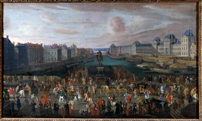 Pont Neuf sett från ingången till Place Dauphine, Quai Malaquais med College of Four Nations (Institut de France) under uppbyggnad Grande Galerie och Louvren vid passagen av en korteg Anonym målning. 1665. Dim. 0,74 x 1,25 m. av Anonymous Anonymous