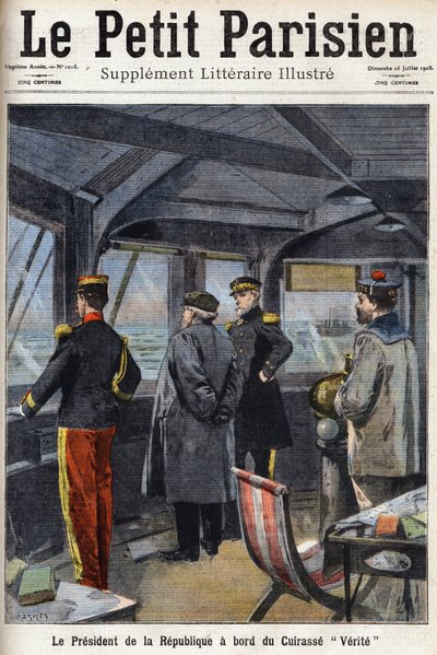 Republikens president Armand Fallieres (1841-1931) ombord på Cuirasse "" Verite"". En av tidningen "" Le petit parisien"" den 26/07/1908. Privat samling. av Anonymous Anonymous