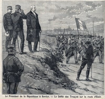 Republikens president Felix Faure (1841-1899) besöker Verdun (Meuse): föroreningen av militärskolan på Etins väg. Gravyr i "" Le Petro Parisien"" av Anonymous Anonymous