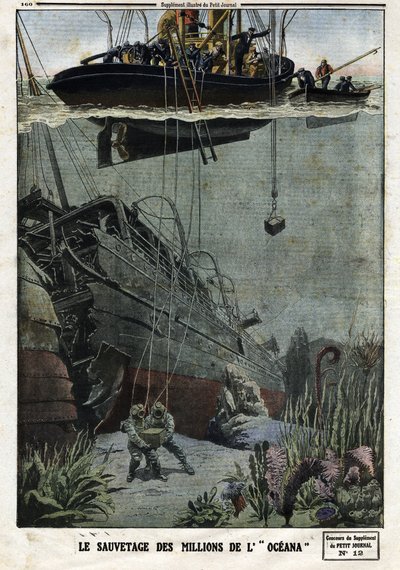 The Rescue of the Millions of the Oceana: Scaphandlers dyker utanför Eastbourne för att plocka upp den 18 miljoner metall som det brittiska linjefartyget skulle transportera till Indien. Gravyr i "" Le Petite Journal"", den 19/05/1912. Privat samling. av Anonymous Anonymous