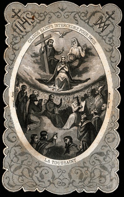 Jungfru Maria med den heliga treenigheten (Gud, Jesus Kristus och den helige Andes duva). Dentelee kort. 1800-talet. Privat samling av Anonymous Anonymous