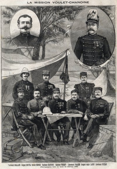 Voulet Chanoine-uppdraget (Voulet-Chanoine) Fransk expedition för den koloniala erövringen av Tchad: porträtt av löjtnant Octave Meynier (1874-1961) och överste Arsene Klobb (1857-1899) med nedre vänster till höger: löjtnant Joalland, sergeant Boutel, dokt av Anonymous Anonymous