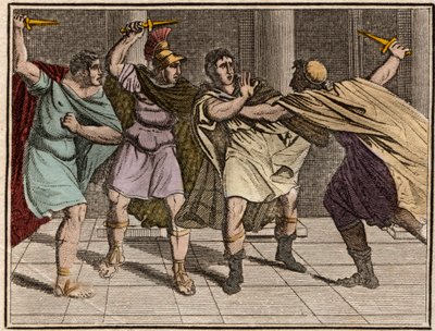 Mordet på den romerske kejsaren Julius Caesar (Jules Cesar - Giulio Cesare eller Caius Julius Caesar) den 15:e mars 44 f.Kr. - Gravyr från "" Ungdomens Rollin eller utvalda stycken av antika och romerska berättelser"" 1816 - Privat samling av Anonymous Anonymous