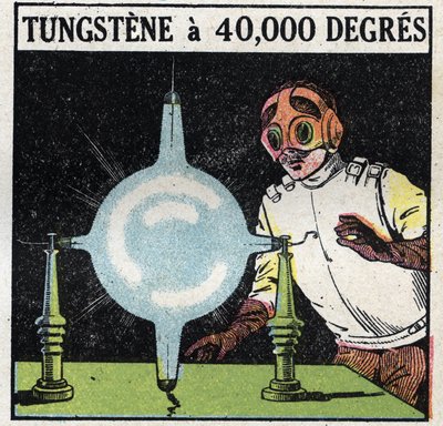 Atomen och vetenskapen: försök att lösa upp volfram genom att förånga en fin tråd av denna metall till 40 000 grader. Anonym illustration från 1925. Privat samling. av Anonymous Anonymous