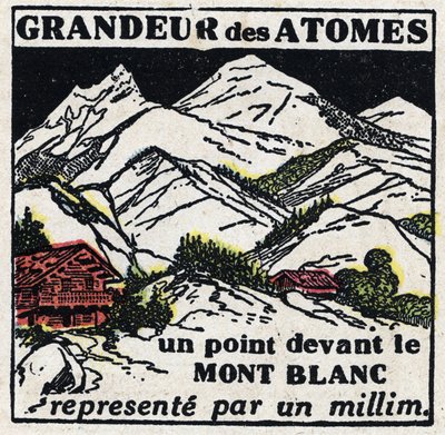 Atomen och vetenskapen: atomernas storlek. En punkt framför Mont Blanc representerad av en millimeter. Anonym illustration från 1925. Privat samling. av Anonymous Anonymous