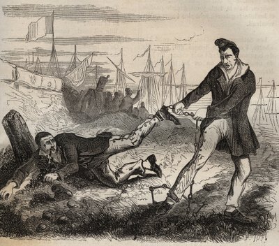 Forcatens största plåga är att vara en miskamrat. Slåss mellan två fångar sammankopplade av samma kedja. Bagne de Rochefort på 1800-talet. Gravyr i "Historia om fängelserna från deras tillkomst till våra dagar" (1877) av Pierre Zaccone (1817-1895) av Anonymous Anonymous