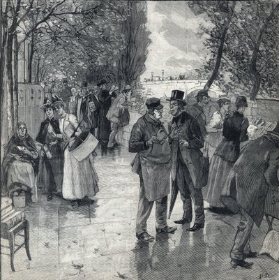 Bok-bokpromenaden på stranden av kajerna i Paris. Gravyr i "" Le petit parisien"" den 30/10/1892. Privat samling av Anonymous Anonymous