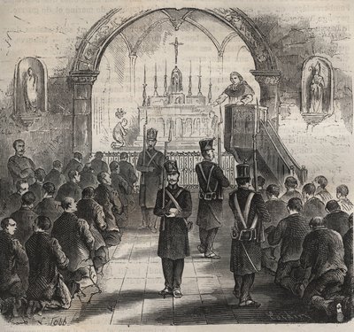 Kapellet i Toulon-fängelset på 1800-talet. Gravyr i "Fångarnas historia från deras skapelse till idag" (1877) av Pierre Zaccone (1817-1895) (Colonia Penale - Straffkoloni). Privat samling. av Anonymous Anonymous
