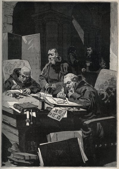 Krysografen: copistee munkar som utför belysningar i guldbokstäver under medeltiden. Gravyr från 1885 i "" Les arts et metiers illustres"" av Adolphe BITARD. av Anonymous Anonymous