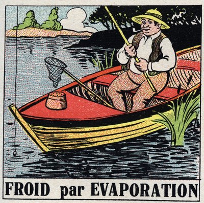 Den kalla industrin: kall genom avdunstning. En fiskare i sin båt håller sig sval tack vare avdunstning av flodvattnet. Anonym illustration från 1925. Privat samling. av Anonymous Anonymous