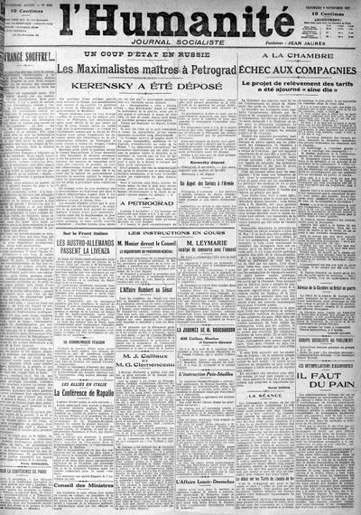 Kuppen i Ryssland på rubrikerna på den socialistiska tidningen "Humanity". Rubriker:"" Mästarnas maximalister i Petrograd", "" Kerenskij deponerades""" (Kerenski), den 9/11/1917. av Anonymous Anonymous