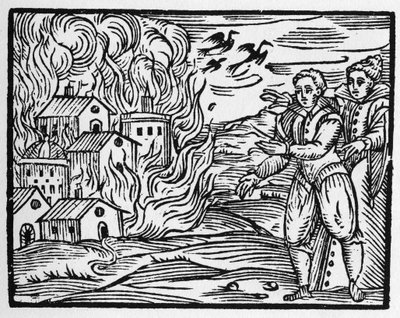 Trollkarlarnas förbannelse som bränner staden - "" Compendium Maleficarum"", handlar om häxor, deras ondska och deras sortileges av Francesco Maria Guazzo eller Guaccio eller Guaccius (15?? -16??) 1608 privatsamling av Anonymous Anonymous