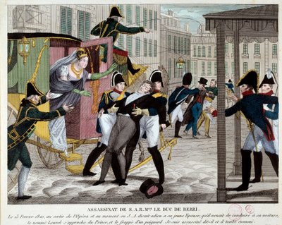Död Charles Ferdinand de Bourbon, hertig av Berry (1778-1820) 13/02/1820 vid utgången från Royal Academy of Music Brorson till kung Ludvig XVIII mördades på operan av Louvel, en republikan som ville stänga ner kungliga dynastin. Engravi av Anonymous Anonymous