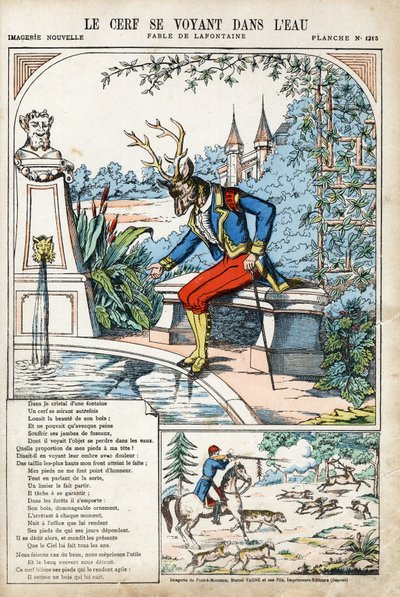 Rådjuren ser sig själva i vattnet. Anonym illustration för Les Fables av Jean de LA FONTAINE (Lafontaine) (1621-1695). Avbildning av Pont-a-Mousson, ca 1880. Privat samling. av Anonymous Anonymous