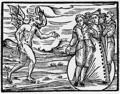 Djävulen tvingar dem som fick honom att synas att sluta en pakt med honom - "Compendium Maleficarum", handlar om häxor, deras ondska och deras sortileges av Francesco Maria Guazzo eller Guaccio eller Guaccius (15?? -16??) 1608 privatsamling av Anonymous Anonymous