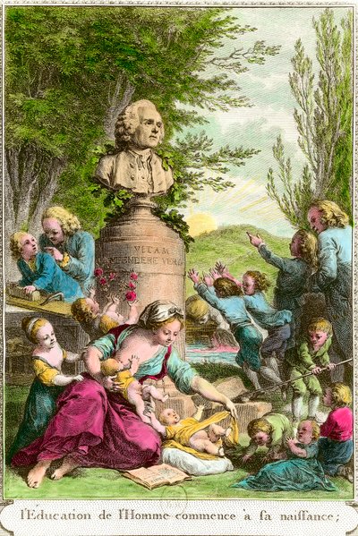 Människans utbildning börjar vid hennes födelse: mödrar med sina barn, tillsammans med en byst som hyllning till den schweiziska filosofen Jean Jacques Rousseau (1712-1778). Gravyr av 1700-talets privatsamling av Anonymous Anonymous