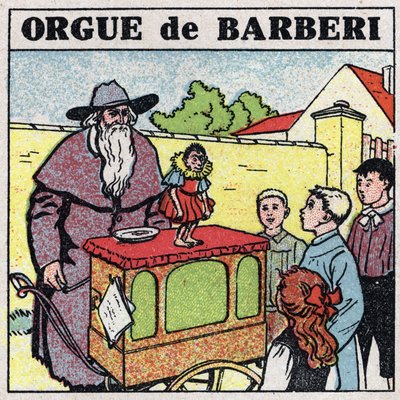 Musikens effekter: en taggig orgelspelare och en apa underhåller barn på en gata. Anonym illustration från 1925. Privat samling. av Anonymous Anonymous