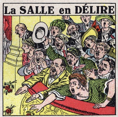 Musikens effekter: åskådare på en teater som uttrycker sin glädje med rop, applåder och blommande blommor. Anonym illustration från 1925. Privat samling. av Anonymous Anonymous