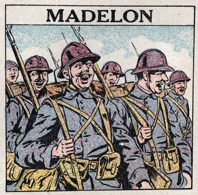 Musikens effekter: den franska låten "La Madelon"" ger mod till militären. Anonym illustration från 1925. Privat samling. av Anonymous Anonymous