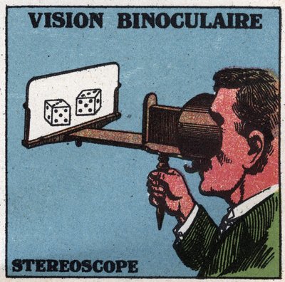 Ögat: binokulärt seende. Användning av ett stereoskop för att se i relief. Anonym illustration från 1925. Privat samling. av Anonymous Anonymous
