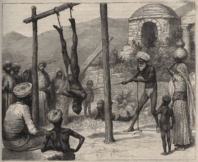 Fakiren i Indien - Fakirerna (Faquir) i Indien - in hängdes vid fötterna på en trästång - gravyr från 1892 i "Journal des voyages". av Anonymous Anonymous