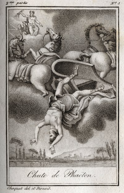 Fallet av Phaeton Phaeton (Phaethon), oförmögen att kontrollera Helios-tanken, träffades av Zeus och föll i Eridanfloden. Gravyr från 1819 i "Lettres a Emilie sur la mythologie" av Charles Albert Demoustier (1760-1801). Privat samling. av Anonymous Anonymous