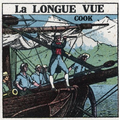 De första optiska instrumenten: Kapten James Cook (1728-1779), vid fören på sin båt, observerar de södra länderna på lång sikt. Anonym illustration från 1925. Privat samling. av Anonymous Anonymous