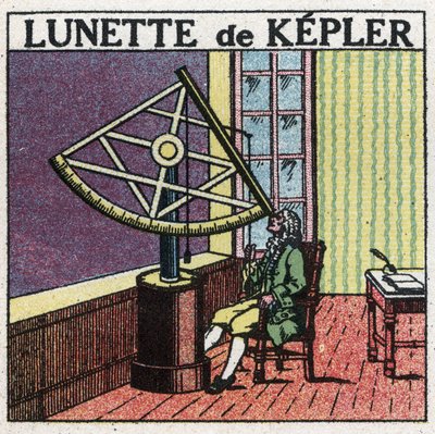 De första optiska instrumenten: astronomisk ram av Johannes Kepler (Keppler) (1571-1630) uppfunnen omkring 1615. Anonym illustration från 1925. Privat samling. av Anonymous Anonymous