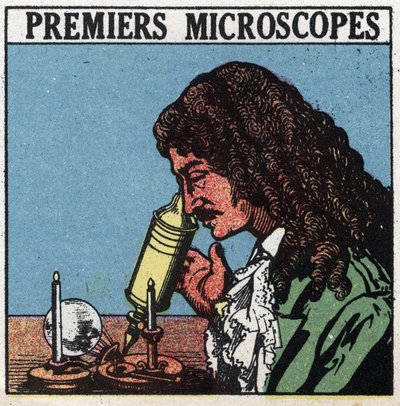 De första optiska instrumenten: mikroskop som användes på Christiaan Huygens (Huyghens) tid (1629-1695). Anonym illustration från 1925. Privat samling. av Anonymous Anonymous
