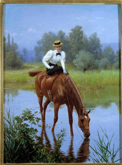 Stoppet En ung kvinna som reser sig i en Amazonas stannar för att få sin häst att dricka. Anonym målning, 1900-talet Privat samling - The Halt. En ung kvinna som rider på sidosadel stannar för att hennes häst ska dricka. Anonym målning, 1900-talet. Privat  av Anonymous Anonymous
