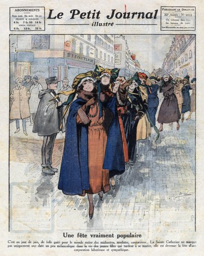 Katarinetters resa, unga celibatariska flickor som bär traditionella hattar, på Paris gator. Illustration hämtad från "" Le petit journal illustrious"" av 1921-12-04. Privat samling av Anonymous Anonymous