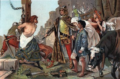 Baudouin VII:s (1092-1119) rättvisa, sa greve av Flandern till yxan. Reklamkromolitografi av Antoine-choklad i Bryssel, början av 1900-talet. Privat samling av Anonymous Anonymous