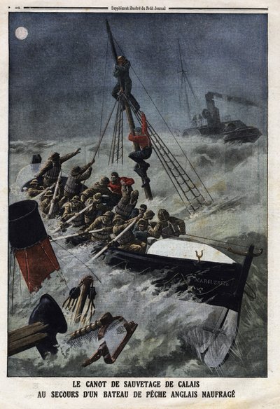 Livbåten i Calais för att rädda en engelsk fiskebåt som sjunker. Gravyr i "" Le Petite Journal"", 1912-02-11. Privat samling. av Anonymous Anonymous