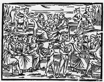 Häxornas måltid på sabbaten - "Compendium Maleficarum", handlar om häxorna, deras ondska och deras sortileges av Francesco Maria Guazzo eller Guaccio eller Guaccius (15?? -16??) 1608 privatsamling av Anonymous Anonymous