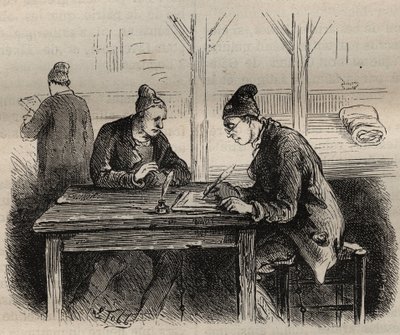 Den offentliga författaren vid Toulon Bagne på 1800-talet. Gravyr i "Fångarnas historia från deras skapelse till idag" (1877) av Pierre Zaccone (1817-1895) (Colonia Penale - Straffkoloni). Privat samling. av Anonymous Anonymous
