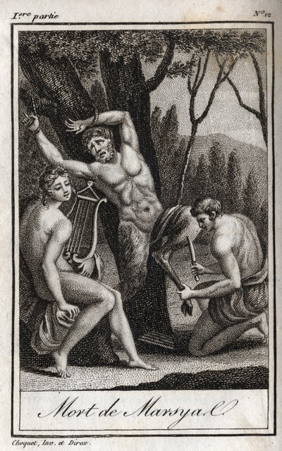 Straffet eller döden av Marsyas (The Punishment of Marsyas) straffas för att ha trotsat Apollo till lyran och spärras av bågskytten i närvaro av kung Midas och muserna. Gravyr från 1819 i "Lettres a Emilie sur la mythologie" av Charles av Anonymous Anonymous