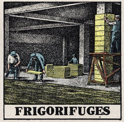 Kylbranschen: kylskåp. Anonym illustration av 1925. Privat samling. av Anonymous Anonymous