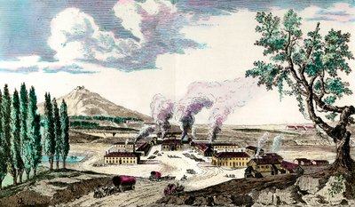 Det kungliga gjuteriet i Creusot (Saone och Loire) 1787 Det tillverkade bland annat den franska arméns beväpning. Gravyr från 1700-talet. Privat samling av Anonymous Anonymous
