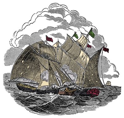 Piratens skepp Henry Every (John Avery, Long Ben, Benjamin Bridgeman) (? -1695) attackerade i september 1695 flottan av den store Mughal Aurangzeb Aurangzeb (Alamgir) utanför Surate, Indien Gravyr från "The Pirates Own Book" av Charles Ellms av Anonymous Anonymous