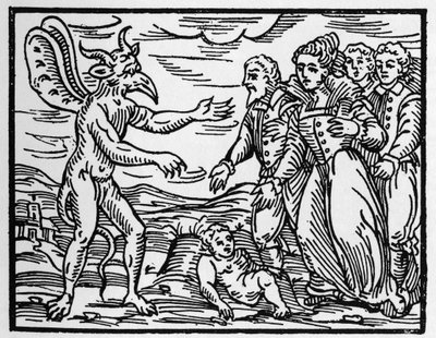 Trollkarlarna som presenterar ett barn för djävulen - "" Compendium Maleficarum"", handlar om häxor, deras ondska och deras sortileges av Francesco Maria Guazzo eller Guaccio eller Guaccius (15?? -16??) 1608 privatsamling av Anonymous Anonymous