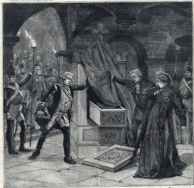 Källarscenen i pjäsen "" Katarina av Ryssland"" på teatern för Cathelet Paul Ginisty (1855-1932) och Charles Samson (1894-1895). Gravyr i "" Le Petro Parisien"" av Anonymous Anonymous