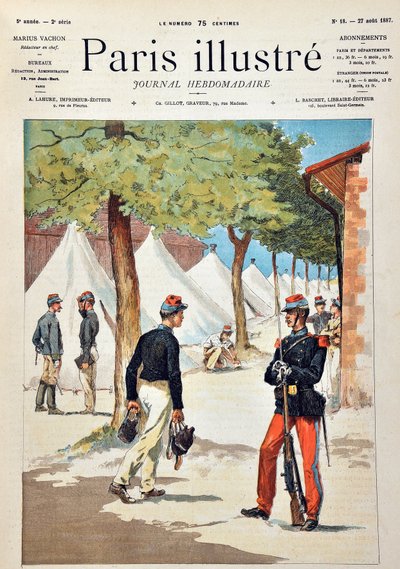 Eleverna på skolan Saint-Cyr (Saint Cyr) i lägret Chalons. Gravyr från 1887 i "" Paris-Illustrous journal weekly"". av Anonymous Anonymous