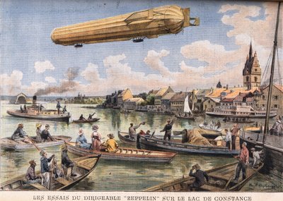 Testerna av luftskeppet Zeppelin på Bodensjön i Tyskland. Gravyr från tidningen "" Le Peute Parisien"", den 2/08/1908. Privat samling. av Anonymous Anonymous