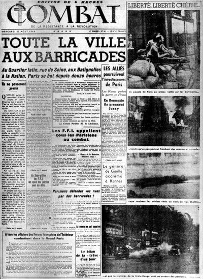 Hela staden vid barrikaderna: befrielsen av Paris - i "Combat"" av 23/08/1944, koll. MDJ Bernard. av Anonymous Anonymous