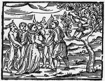 Häxorna på sabbaten som dansar till ljudet av fiolen - "Compendium Maleficarum", handlar om häxorna, deras ondska och deras sortileges av Francesco Maria Guazzo eller Guaccio eller Guaccius (15?? -16??) 1608 privatsamling av Anonymous Anonymous