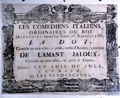 Teateraffisch som presenterar stycket "The dot" och "The jealous lover"" framfört av italienska komiker, 1788-09-01. Paris. Carnavalet Museum av Anonymous Anonymous